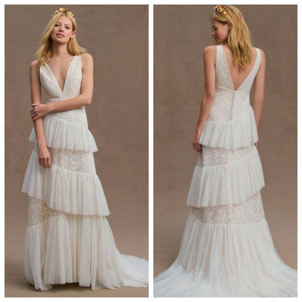 BHLDN Otto Wedding Dress Floral Embroidered Blush Lace Tiered Gown Size 6